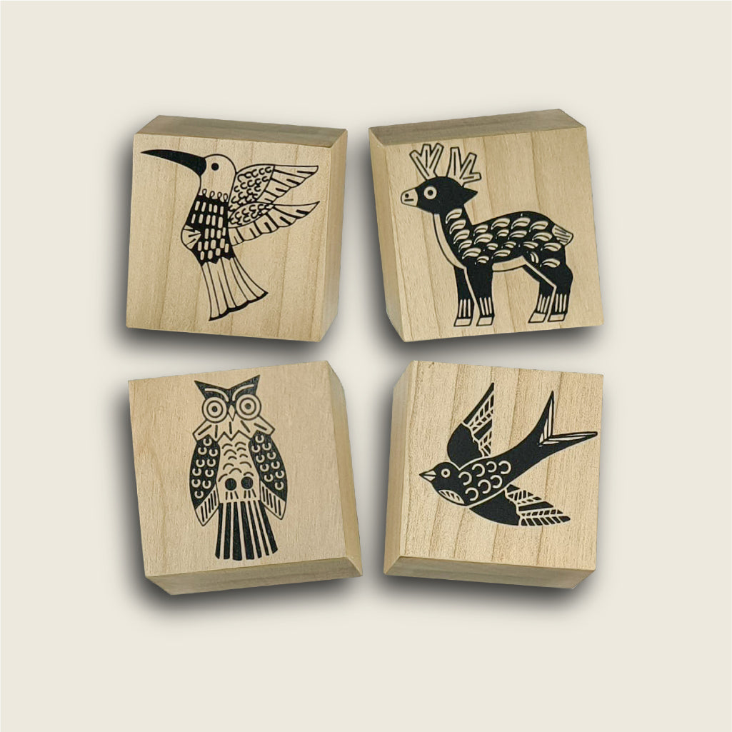 Kit de 4 sellos de goma /colibrí, venado 2, búho y golondrina